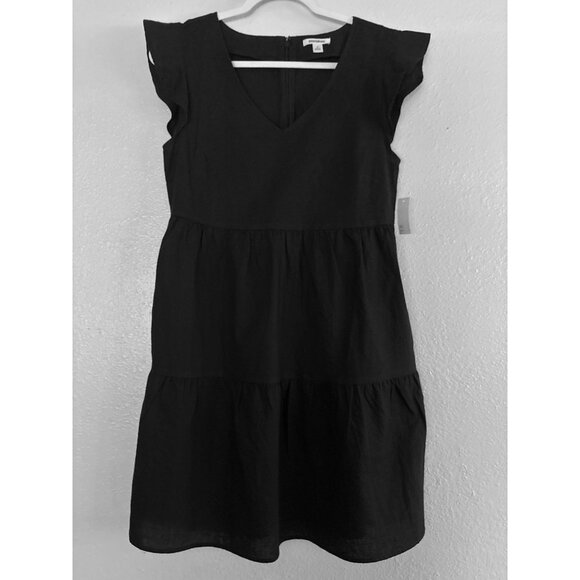 NWT Goodthreads Linen/Cotton Blend Black Tiered Flutter Sleeve Dress S - Picture 3 of 9